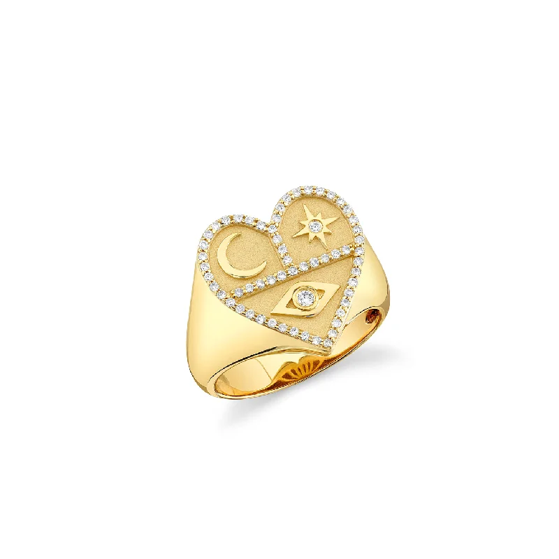 engagement rings with zircon sparkle -Gold & Diamond Heart Tricon Signet Ring