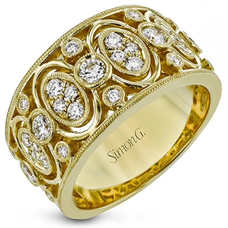 ladies rings two tone metal -This 18K yellow gold wide right hand ring features clusters of whte diamonds 0.39ctw encircled in gold and 0.24 ctw of bezel set diamonds