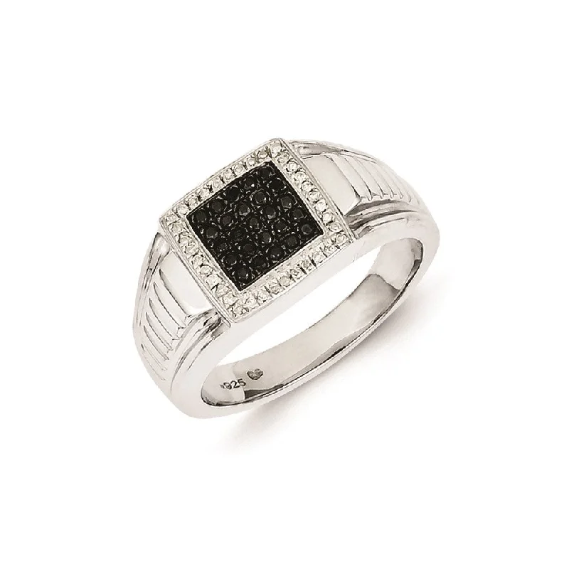 ladies rings chic modern design -Sterling Silver Rhodium Plated Black and White Diamond Men's Ring