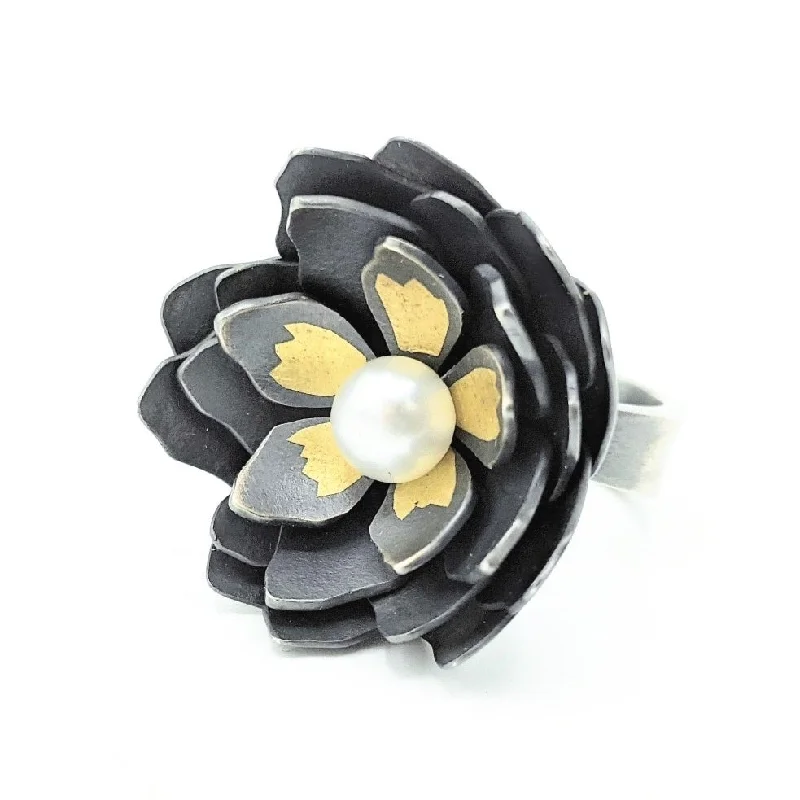 ladies rings with pearl accent -Layered Flower Ring No 4 "True Love"