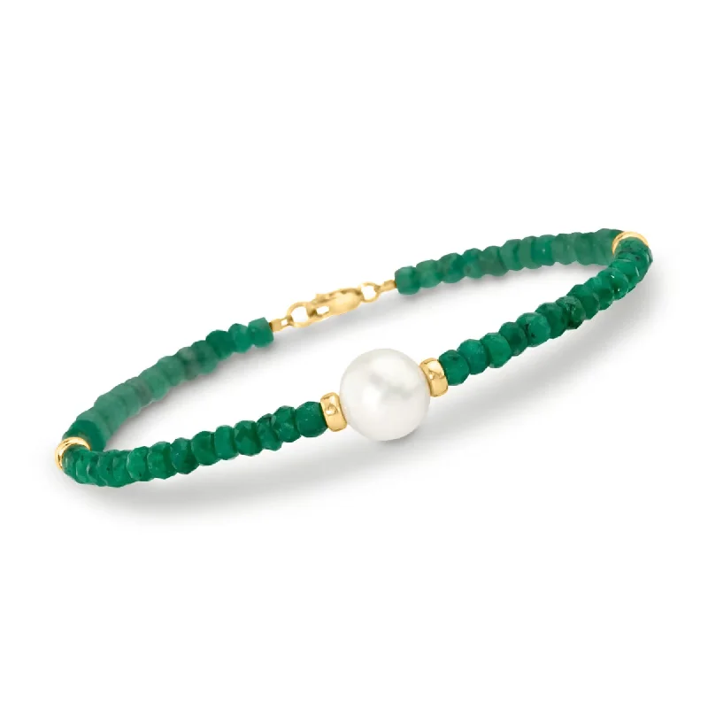 bracelets with birthstone accent -Ross-Simons Beaded Emerald Bracelet With 10mm Cultured Pearl in 14kt Yellow Gold