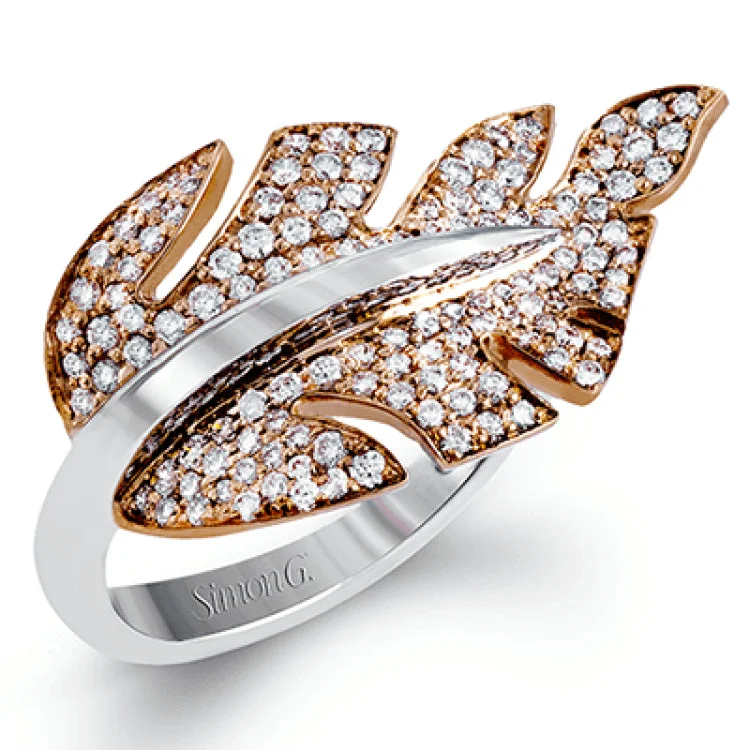 ladies rings simple delicate charm -A lovely leaf of 18k rose gold lays across the fingers with .55 ctw of white diamonds in this remarkable two-tone gold ring.