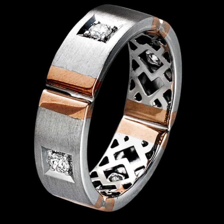 ladies rings hypoallergenic material -Featuring an impressive contemporary design, this white gold band is inset with .32 ctw of round cut white diamond and rose gold accents.