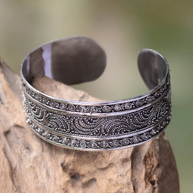 bracelets vintage inspired look -Dancing Waves Fair Trade Sterling Silver Cuff Bracelet Crafted by Hand