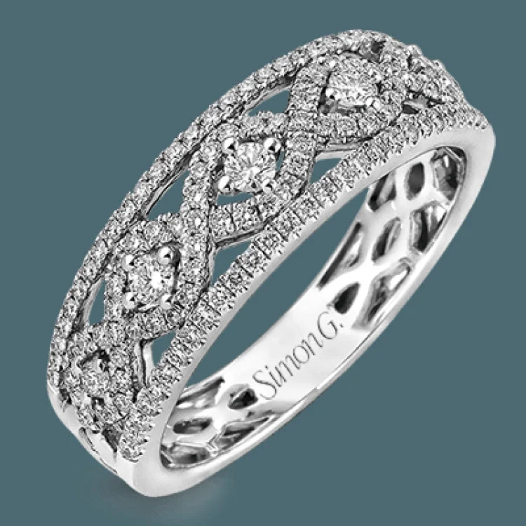 ladies rings geometric unique shape -Featuring a lovely geometric pattern, this contemporary white gold band is complemented by .53 ctw of glimmering round cut white diamonds.