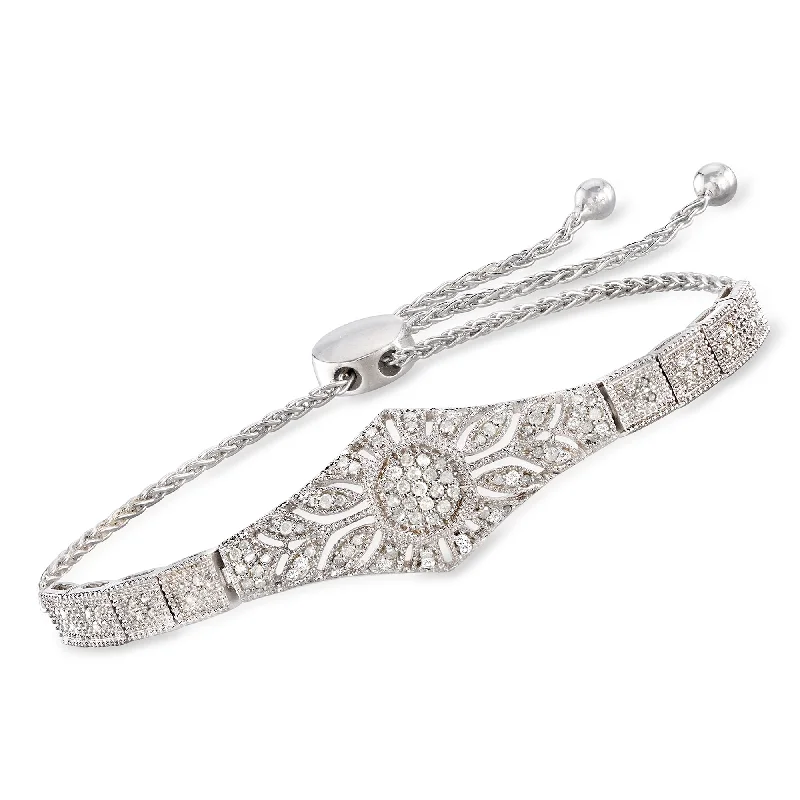 bracelets with gold plating -Ross-Simons Diamond Floral Openwork Bolo Bracelet in Sterling Silver