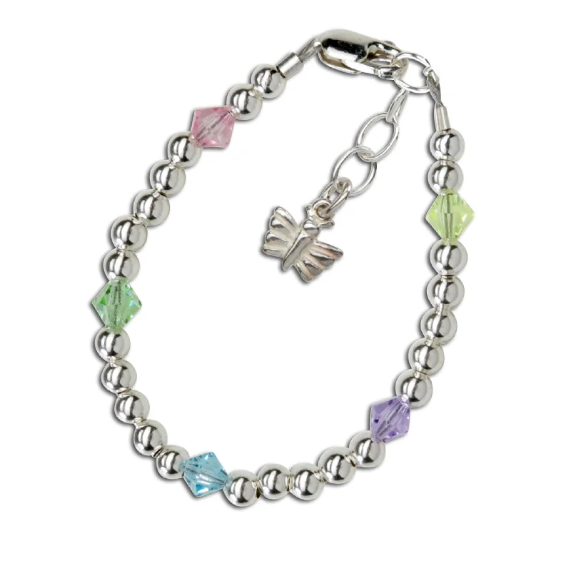 bracelets for evening wear -Sterling Silver Multi-Color Crystal Butterfly Bracelet for Kids