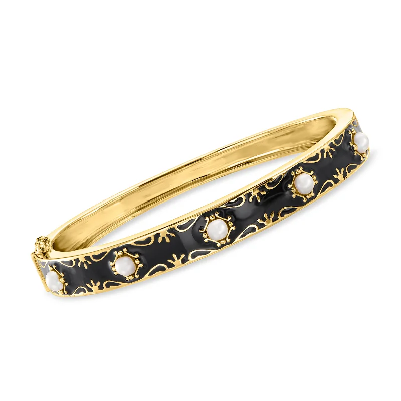 bracelets for vintage lovers -Ross-Simons 3.5-4mm Cultured Button Pearl and Black Enamel Bangle Bracelet in 18kt Gold Over Sterling