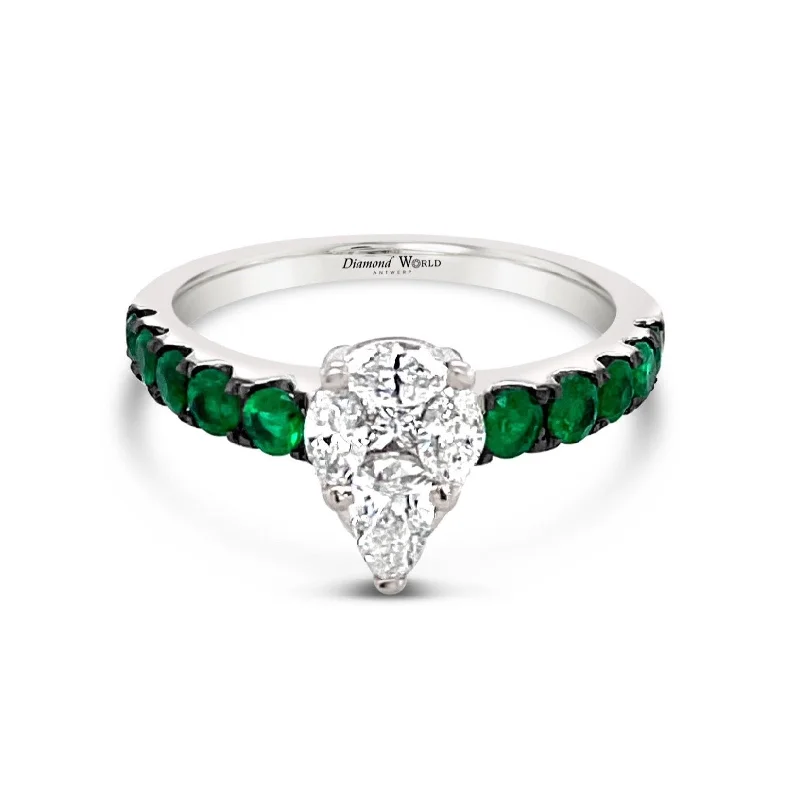 ladies rings heart shaped romance -Pear shape Style invisible set Diamonds & Emeralds Ring