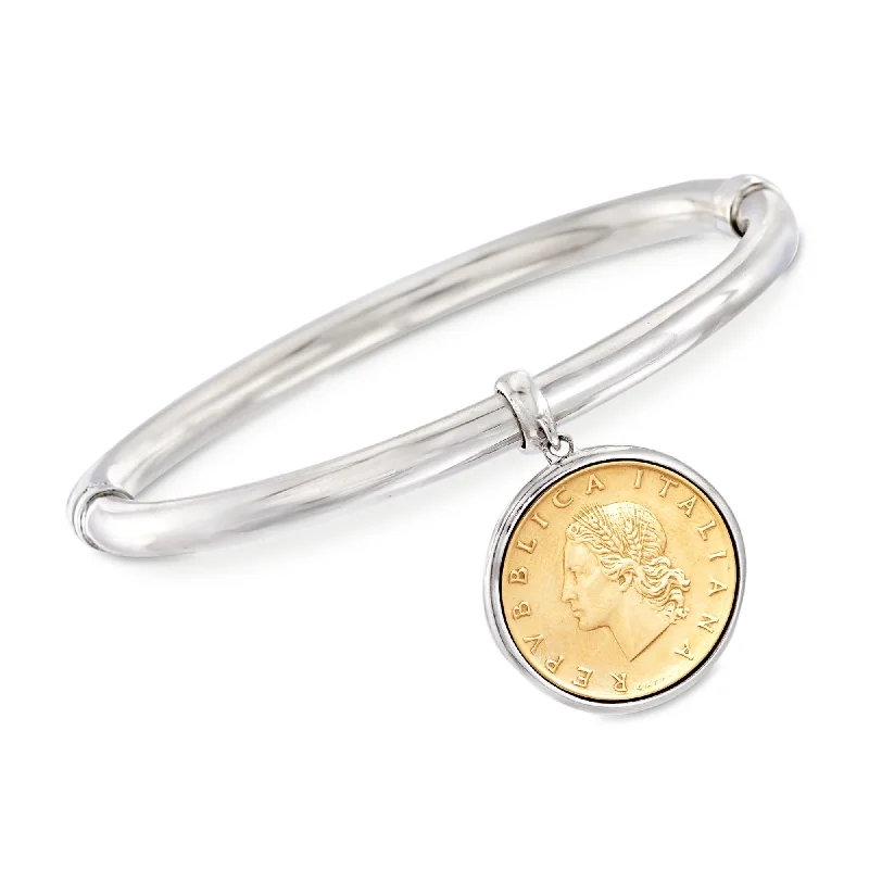 bracelets with birthstone accent -Ross-Simons Italian Genuine Lira Coin Charm Bangle Bracelet in Sterling Silver