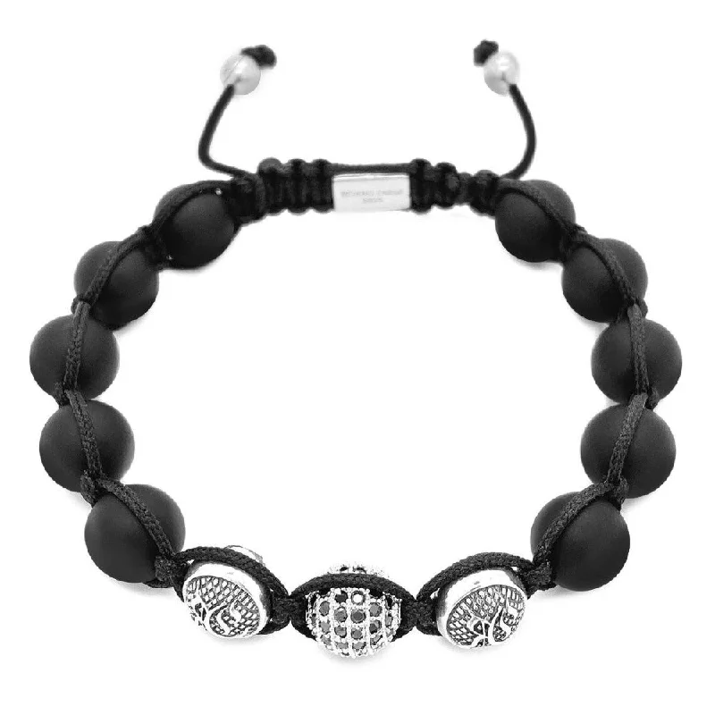 bracelets with moon charm -Matte Onyx Bracelet & Triple Silver Beads