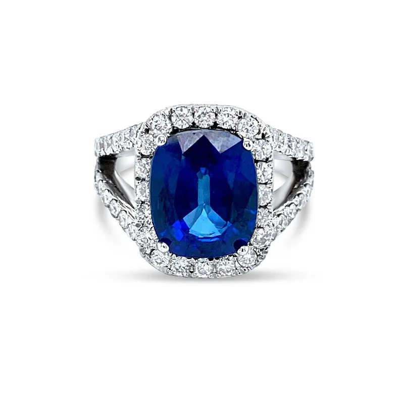 ladies rings affordable luxury -Halo set Split Sided Sapphire & Diamonds "dolce" Ring