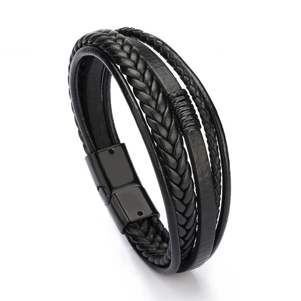 bracelets with shell design -Designice Mens Leather Bracelet Bracelet for Men with Magnetic Clasp - Multi-Layer Rope Wristband Style Men Bracelet Black 21.5cm