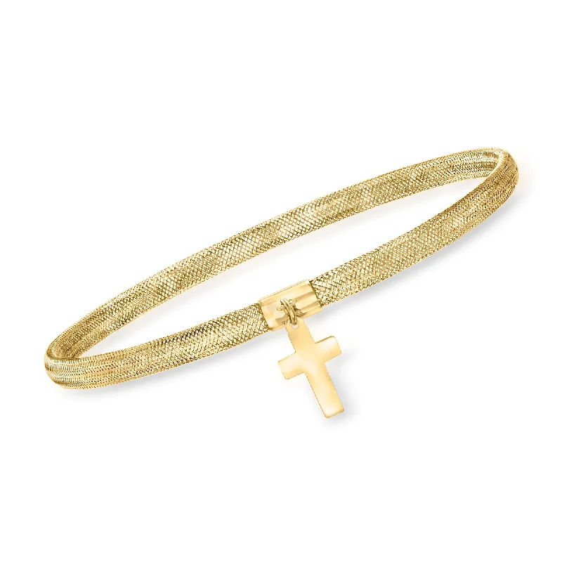 bracelets boho chic vibe -Ross-Simons Italian 14kt Yellow Gold Cross Charm Mesh Bracelet