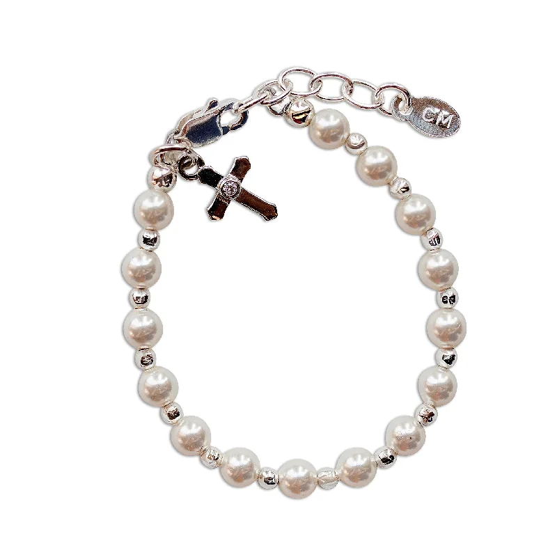 bracelets for daily elegance -Children's Sterling Silver Simulated Pearl Cross Bracelet