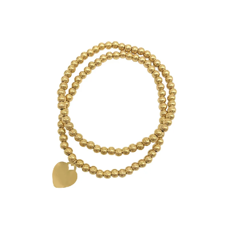 bracelets for bold fashion -Adornia Set of Ball Bracelet - One Plain and One with Heart - gold