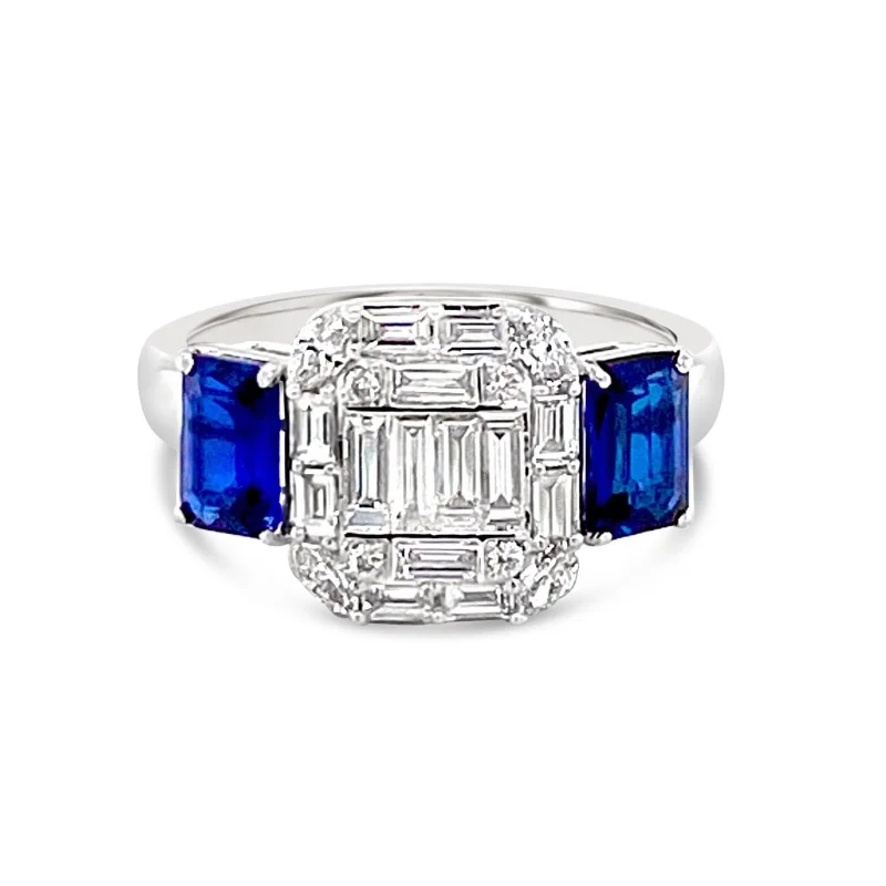 ladies rings with gold plating -Central Diamonds & side Emerald cut sapphires "Ashley" Ring