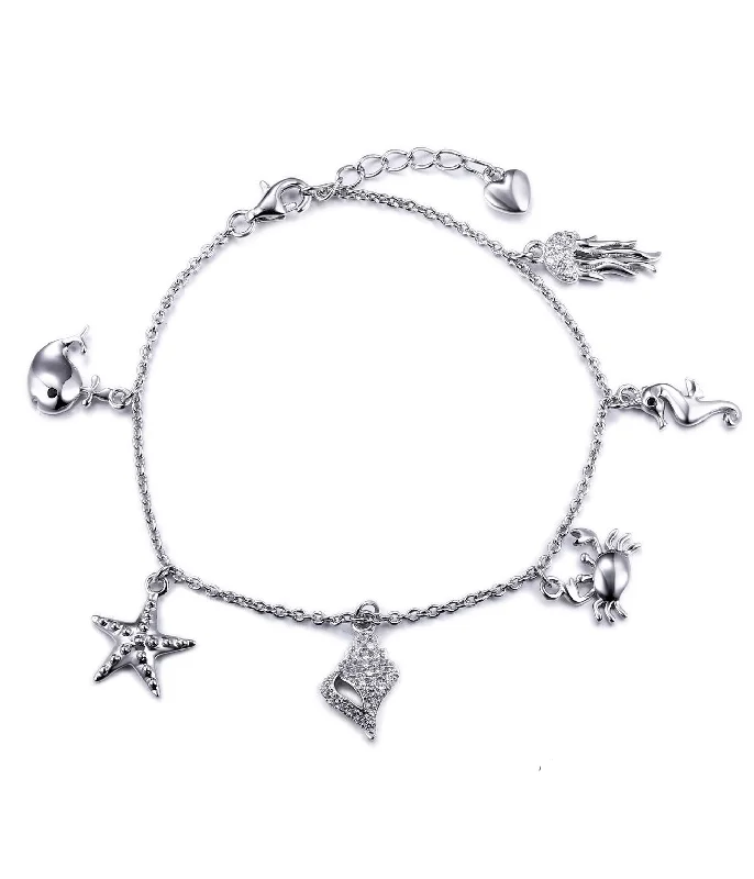 bracelets hypoallergenic metal -Alana Charm Bracelet, Starfish Seahorse Whale Seashell Charms, 925 Sterling Silver