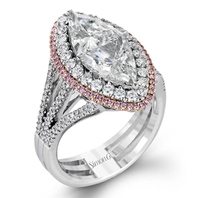 ladies rings with garnet red -Reflecting a dramatic marquise-shaped contemporary design, this white and rose gold ring features a double halo with .17 ctw pink diamond and .66 ctw white round cut diamond accents.