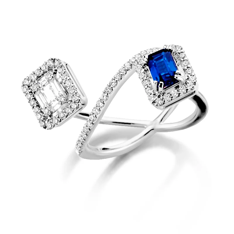 ladies rings with crystal sparkle -Emerald cut Sapphire & Diamonds "Swing" Ring