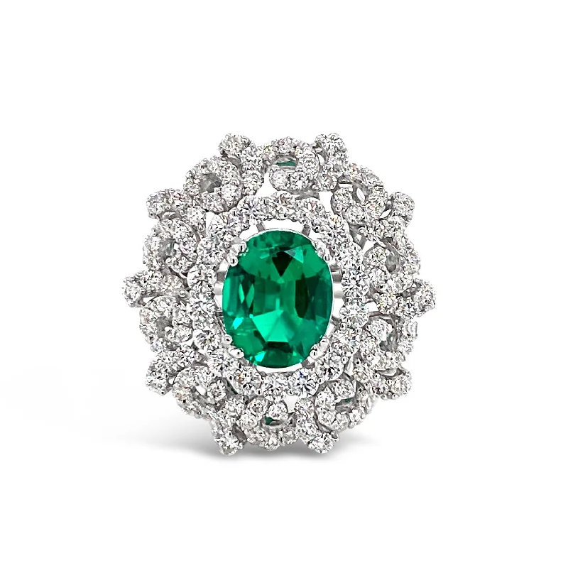 ladies rings thin band elegance -Oval Cut Emerald & Diamonds "Curly" Ring