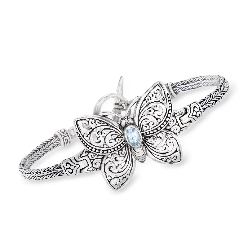 bracelets for stylish women -Ross-Simons Sky Blue Topaz Bali-Style Butterfly Bracelet in Sterling Silver