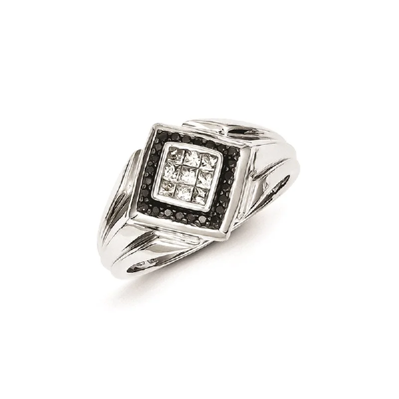 ladies rings simple delicate charm -Sterling Silver Rhodium Plated Black and White Diamond Men's Ring