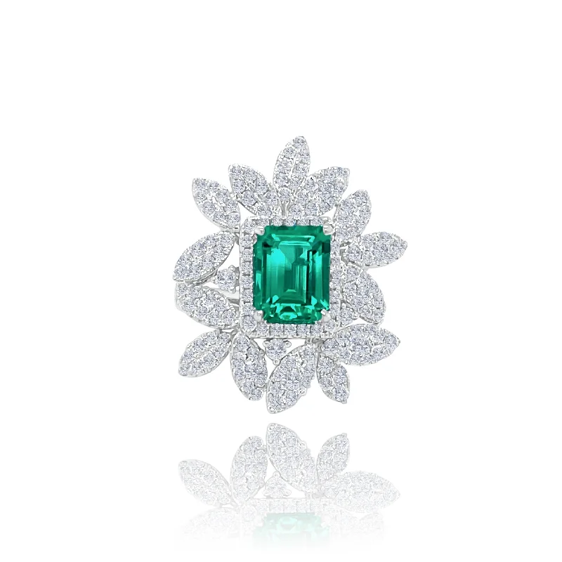 ladies rings with engraving detail -Emerald & Diamonds "Petals" Ring