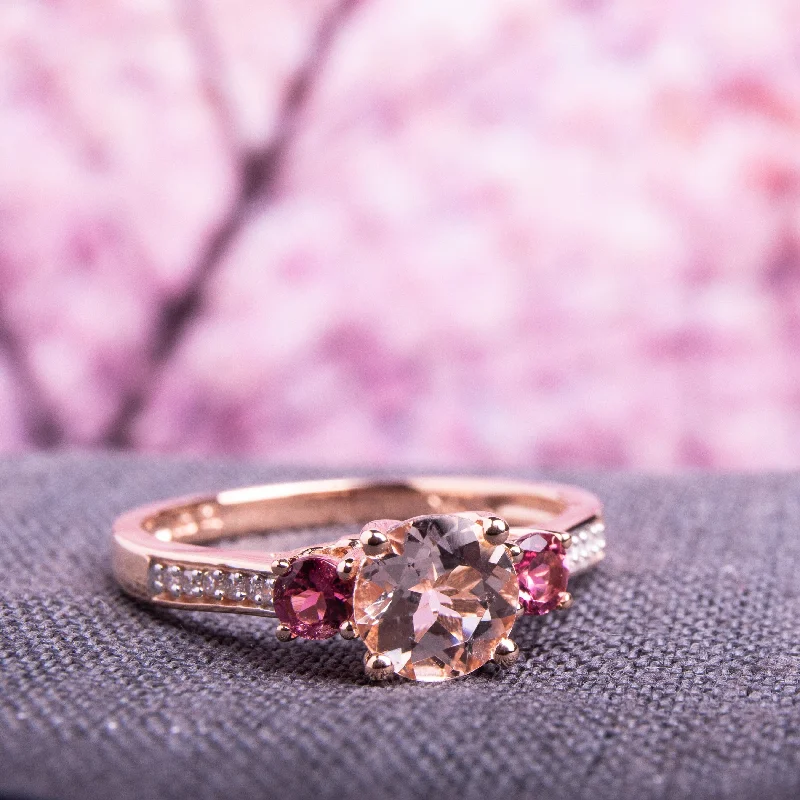 ladies rings layered stackable look -Miadora 10k Rose Gold Morganite, Tourmaline and Diamond 3-Stone Ring