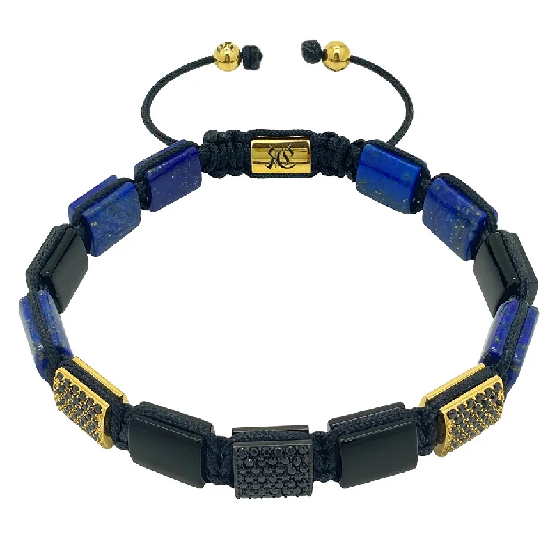 bracelets adjustable length fit -Lapis Lazuli & Onyx CZ Flatbead Bracelet