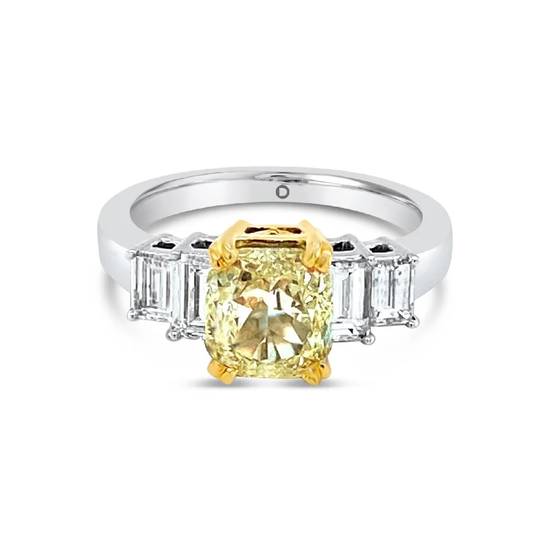 ladies rings art deco flair -Fancy Yellow Radiant cut Diamond & Baguette cut Diamonds Ring