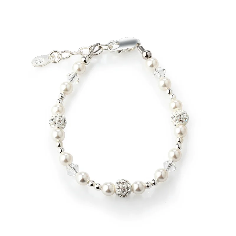 bracelets stylish affordable -Sterling Silver White Simulated Pearl and Stardust Bracelet for Little Girls