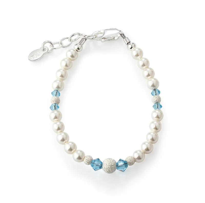 bracelets chic modern look -SALE! Girls Sterling Silver Simulated Pearl Baby Bracelet with Aqua Crystals Jewelry for Kids