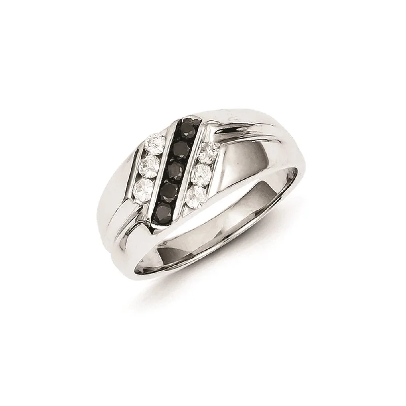 ladies rings with birthstone glow -Sterling Silver Rhodium Plated Black and White Diamond Men's Ring