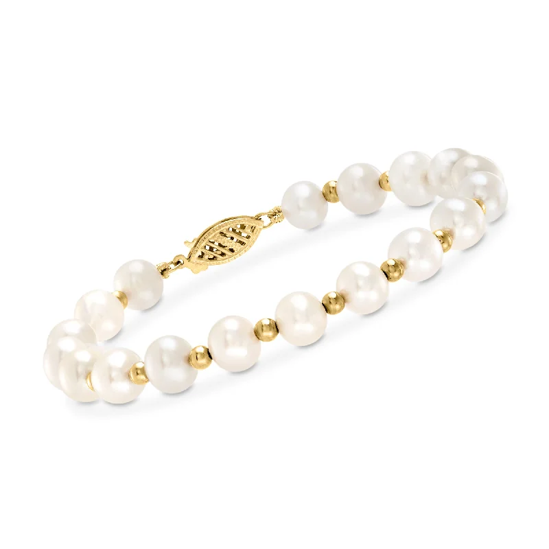 bracelets with rainbow gems -Ross-Simons 6-7mm Cultured Pearl Bracelet With 14kt Yellow Gold