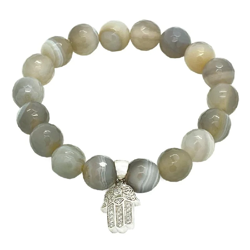 bracelets leather men style -Women Grey Agate Hamsa Bracelet