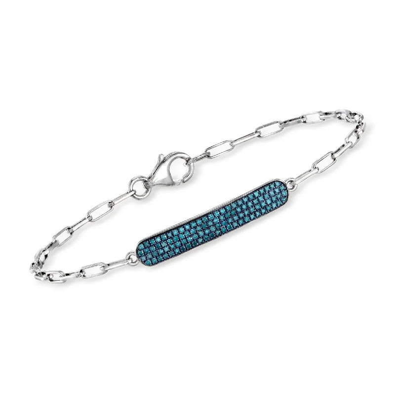 bracelets with aquamarine stone -Ross-Simons Blue Diamond Paper Clip Link Bar Bracelet in Sterling Silver