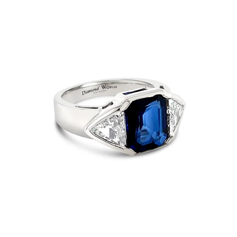 ladies rings gold elegant design -Radiant cut Sapphire & Trillion cut Diamonds "Alison" Ring