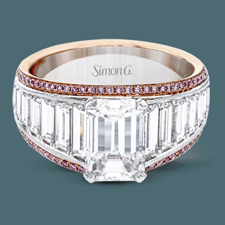 ladies rings with ruby red -Modern and geometric, this two-tone 18k white and rose gold ring contains 2.12 ctw of white baguette diamonds as well as .20 ctw of pink diamonds.