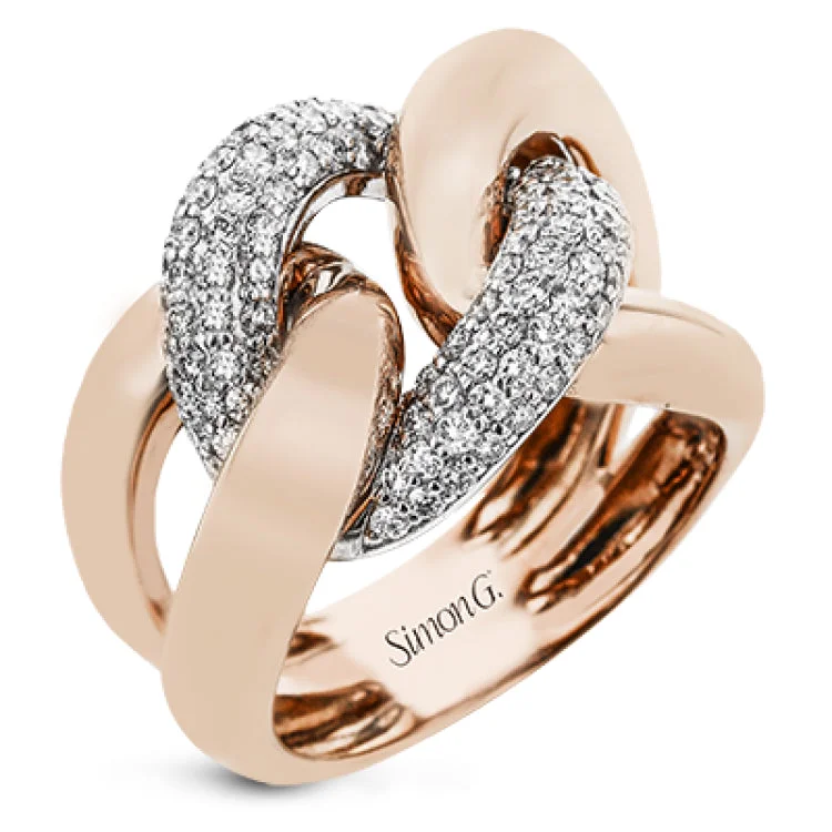 ladies rings romantic delicate style -A modern take on the love knot this right hand ring in 18K yellow and white gold, features interlocking links of high polish gold and a diamond link 0.79 ctw.