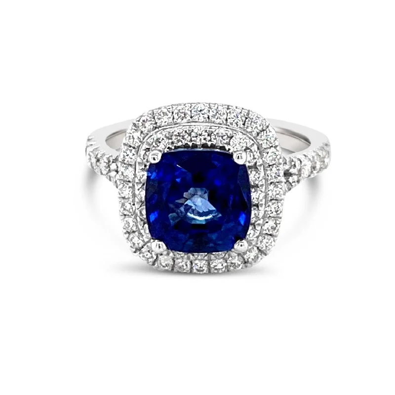 ladies rings with rainbow gems -Double Halo Cushion cut Sapphires & Diamonds "Isla" Ring