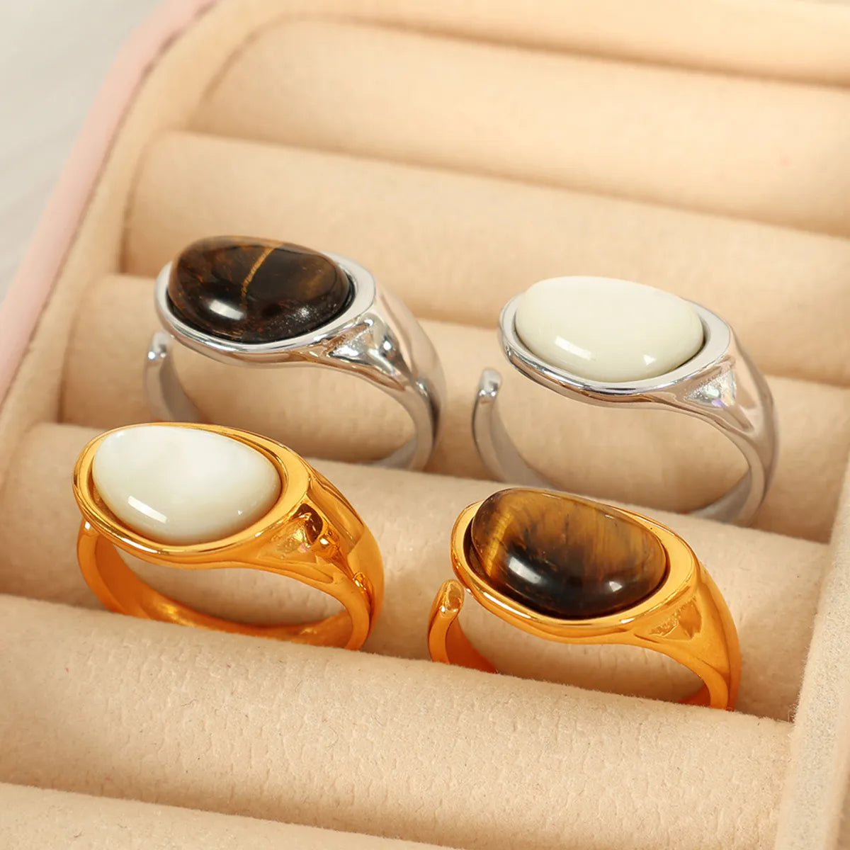 ladies rings layered stackable look -Wholesale Jewelry French Style Classic Style IG Style Oval 304 Stainless Steel Tiger Eye 18K Gold Plated Polishing Inlay Open Rings