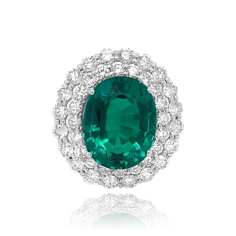 ladies rings with emerald green -Oval cut Emerald & double Row Diamonds "Angelica" Ring