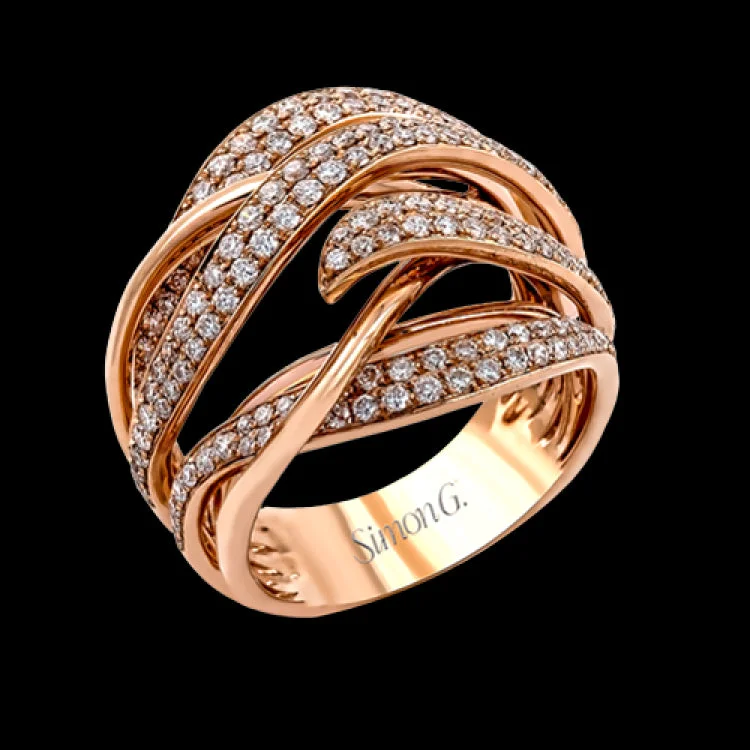 ladies rings with yellow citrine -Featuring a striking intertwined design, this modern rose gold ring is set with 1.20 ctw of shimmering round cut white diamonds.