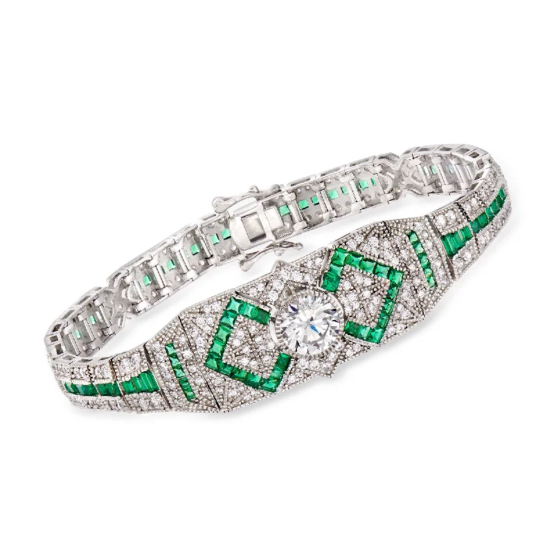 bracelets with gold plating -Ross-Simons CZ and Simulated Emerald Bracelet in Sterling Silver