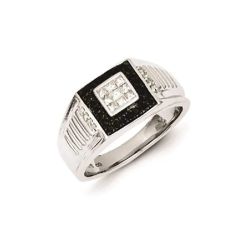 ladies rings with rainbow gems -Sterling Silver Rhodium Plated Black and White Diamond Men's Ring