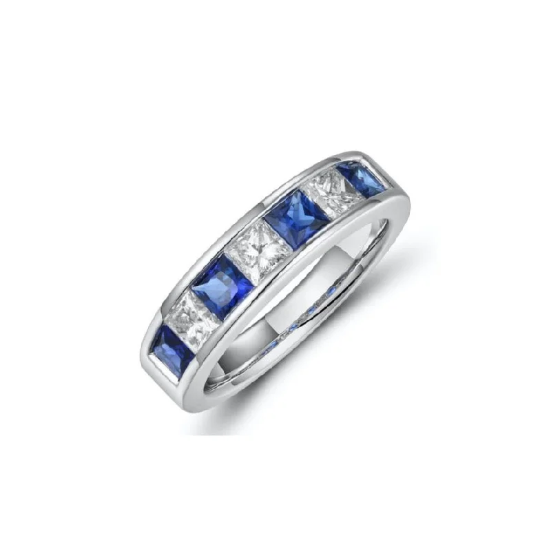 ladies rings white gold finish -Princess cut Sapphires & Diamonds channel Alliance Ring