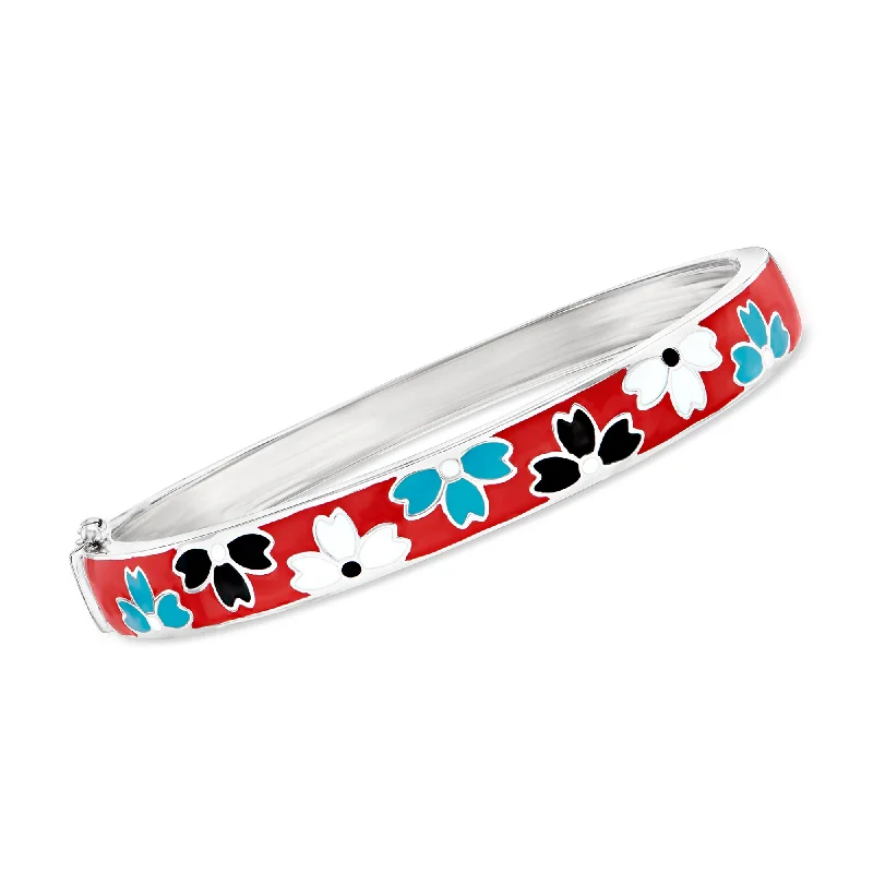 bracelets with crystal beads -Ross-Simons Multicolored Enamel Floral Bangle Bracelet in Sterling Silver