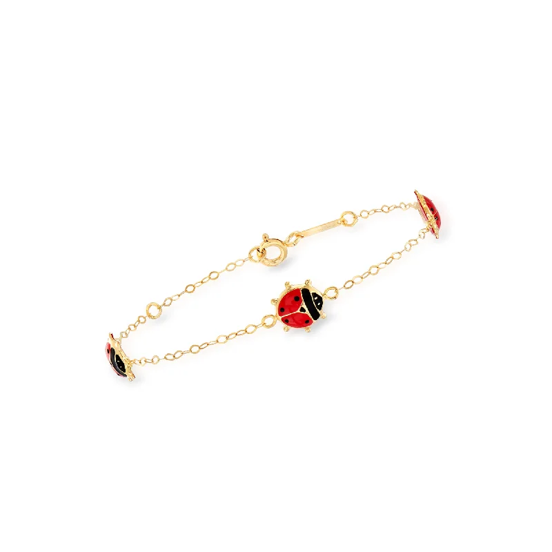 bracelets with evil eye -Ross-Simons Italian Child's 18kt Yellow Gold Station Ladybug Bracelet With Red and Black Enamel