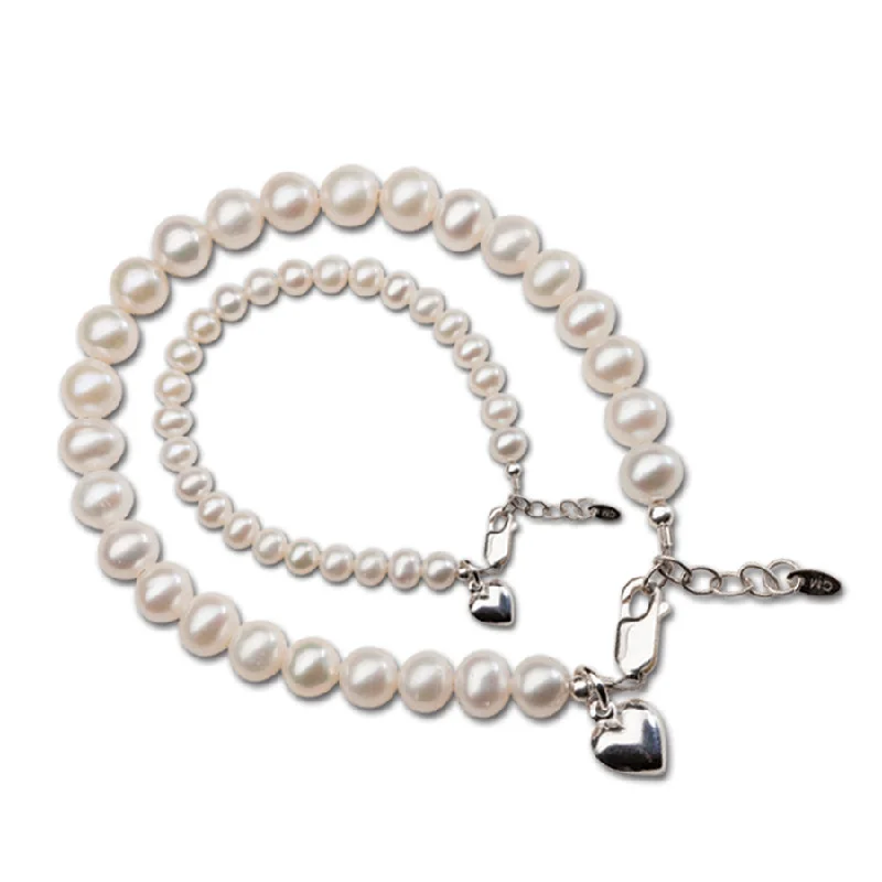 bracelets with onyx black -Mom and Me Pearl Bracelet Set - Silver Hearts